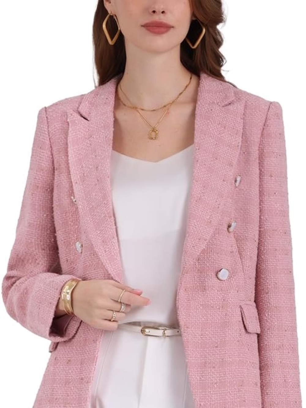 ELLEVEN Pink Tweed Business casual Blazer Jacket Gold Buttons